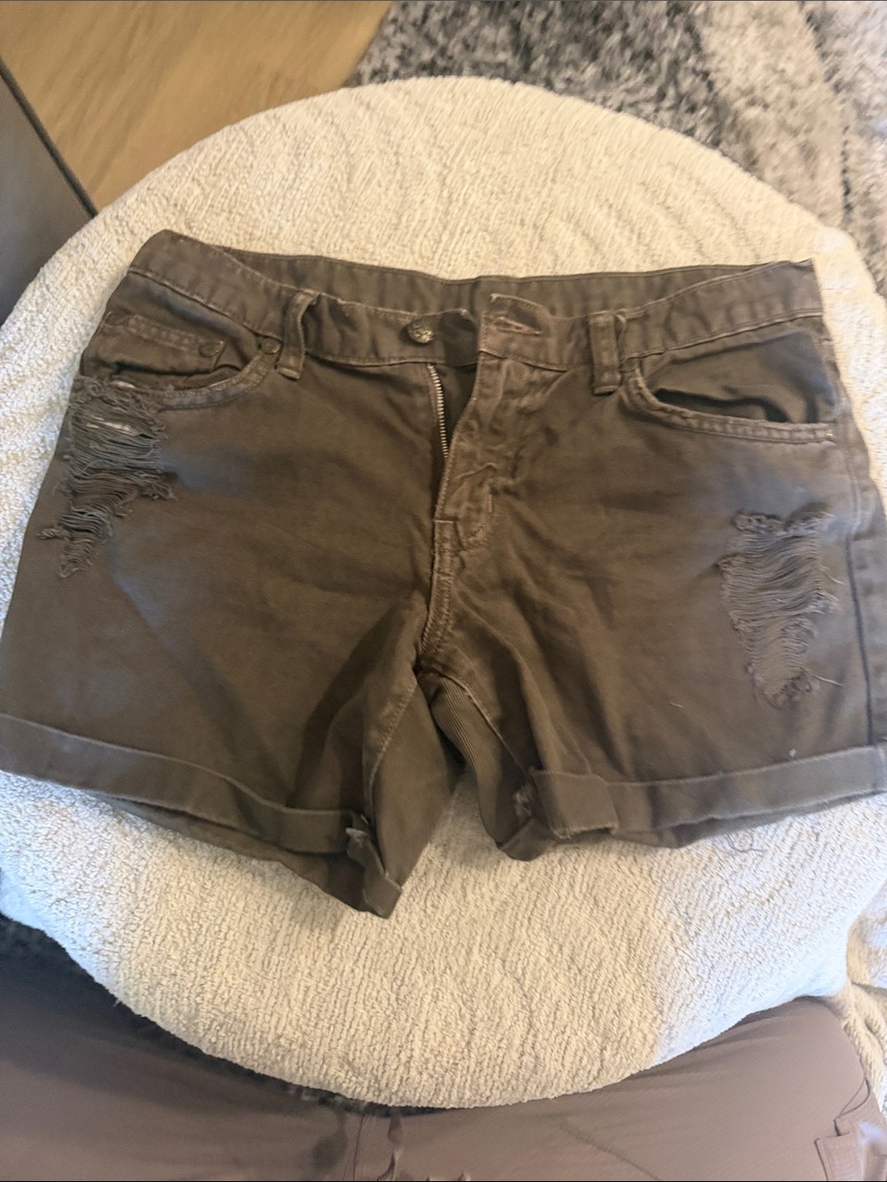 Olive Green Distressed Denim Shorts